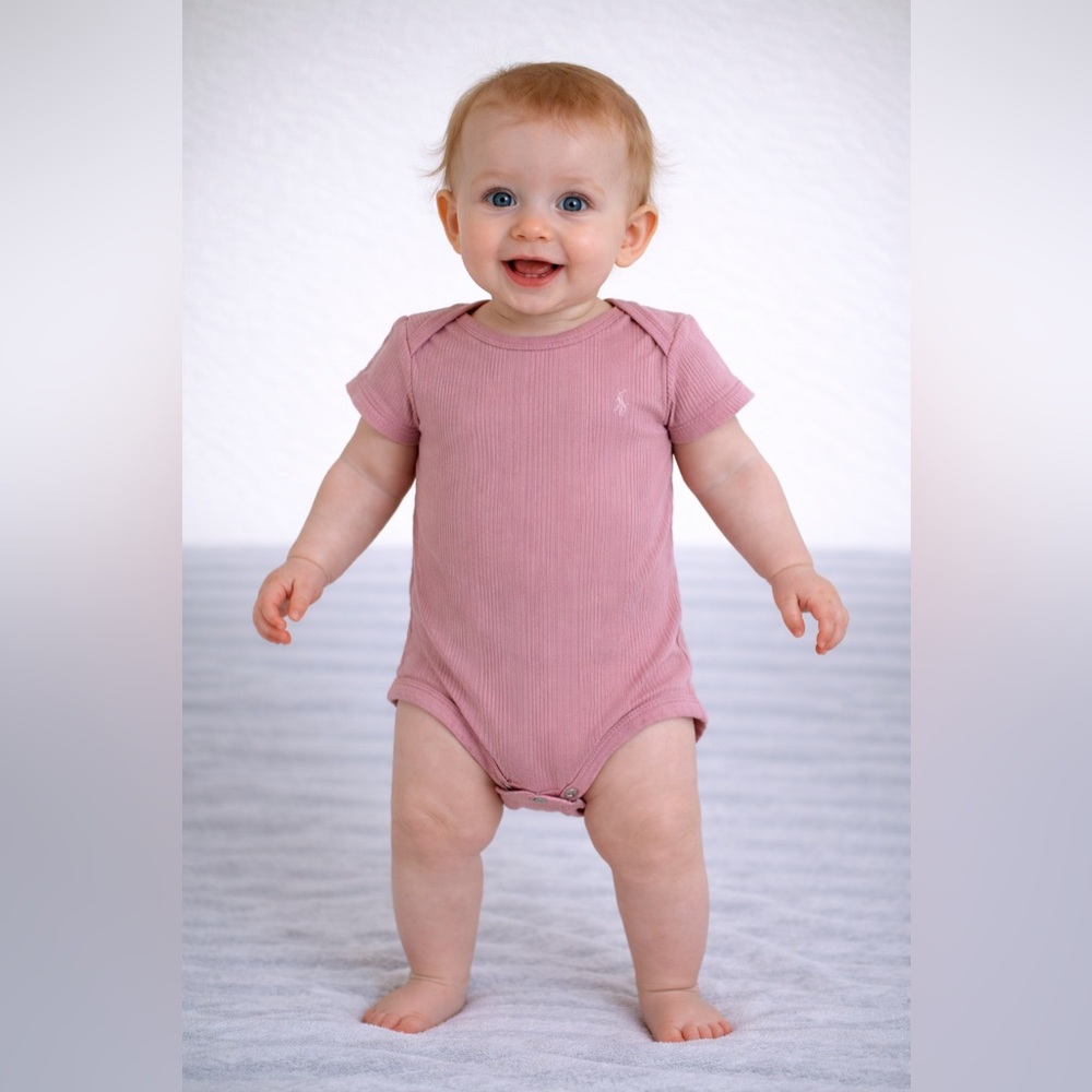 Ralph Lauren Baby Girl Pink Ribbed Bodysuit Onesie Short Sleeve | Size 18M